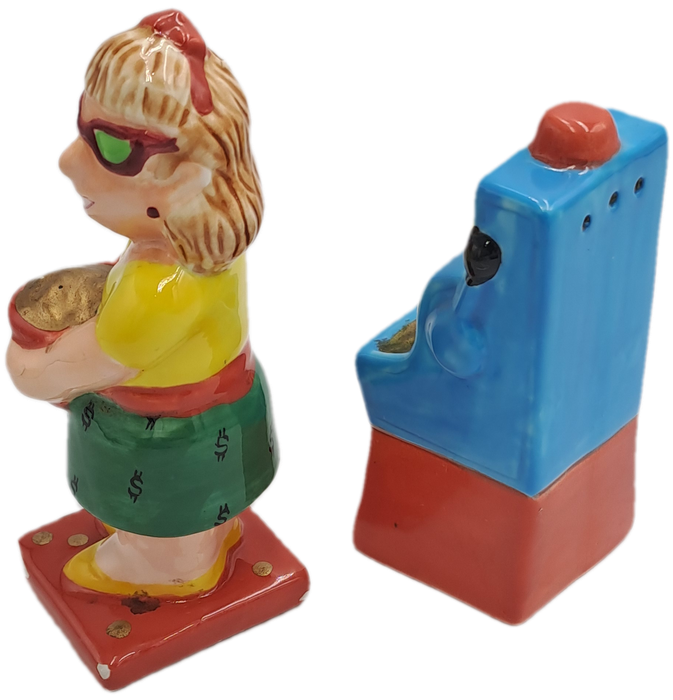 Vintage Omnibus OCI -Woman and Slot Machine Salt and Pepper Shakers -Made in the philippines