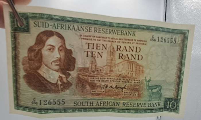 1975-1976 South Africa 10 Rand Note -Afrikaans -English TW de Jongh