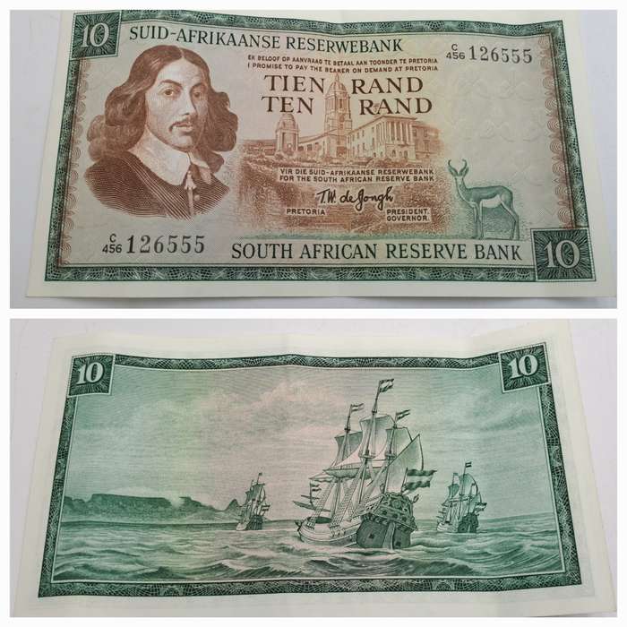 1975-1976 South Africa 10 Rand Note -Afrikaans -English TW de Jongh