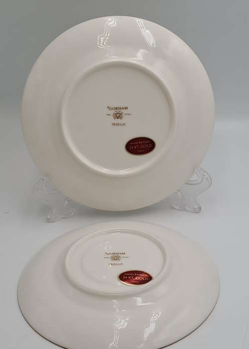 Vintage Gorham TRELLIS Fine China Tea Trio 24kt Gold Hand Banded Japan-Mint -CUP CHIPPED