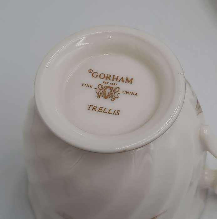 Vintage Gorham TRELLIS Fine China Tea Trio 24kt Gold Hand Banded Japan-Mint -CUP CHIPPED