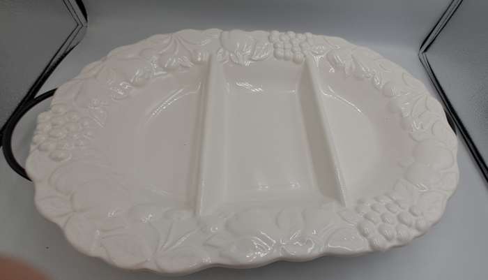 A Large Porcelain Woolworths Oval Serving Platter on Metal Stand Imported from Portugal