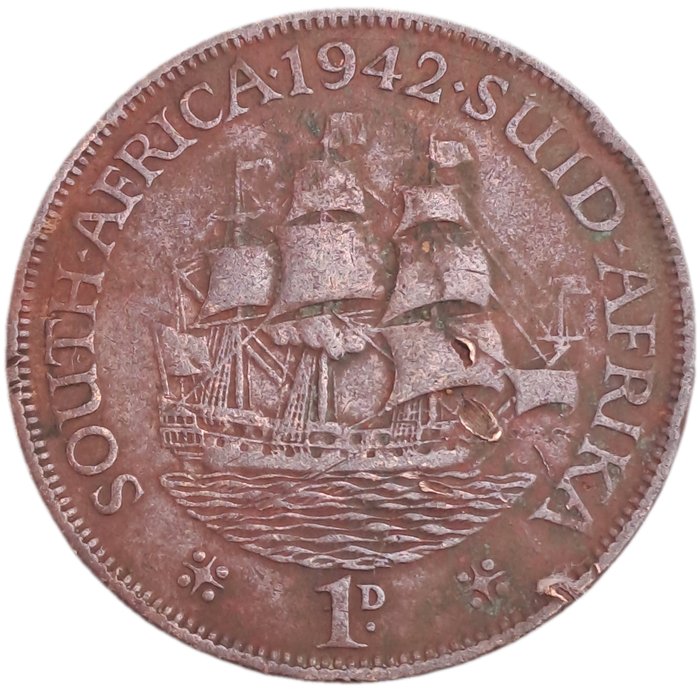 1942  South Africa Union 1 Penny - George VI-Circulated- 14427779 Minted