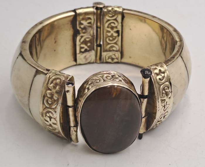 Antique Bovine Bone Bohemian Bangle Bracelet Hinged with Large Oval Brown Stone
