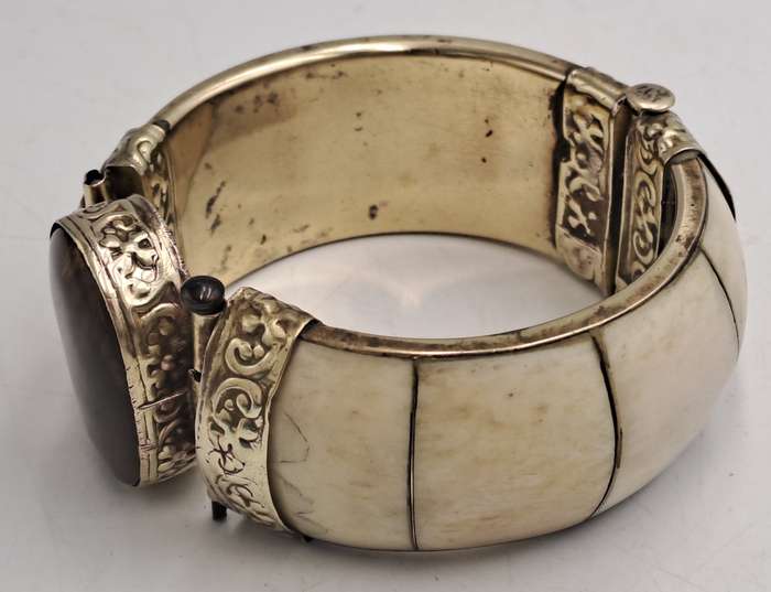 Antique Bovine Bone Bohemian Bangle Bracelet Hinged with Large Oval Brown Stone