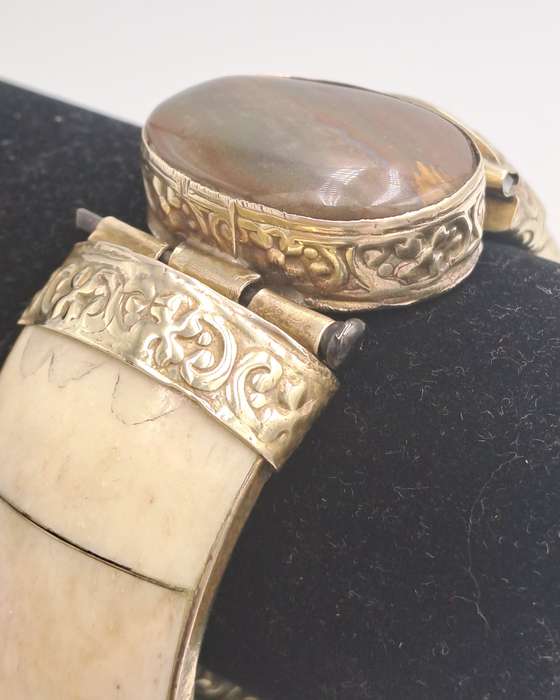 Antique Bovine Bone Bohemian Bangle Bracelet Hinged with Large Oval Brown Stone