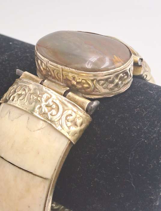 Antique Bovine Bone Bohemian Bangle Bracelet Hinged with Large Oval Brown Stone