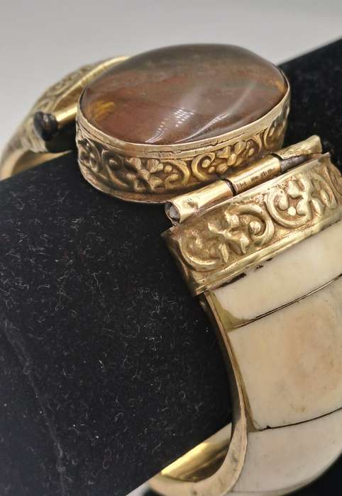 Antique Bovine Bone Bohemian Bangle Bracelet Hinged with Large Oval Brown Stone