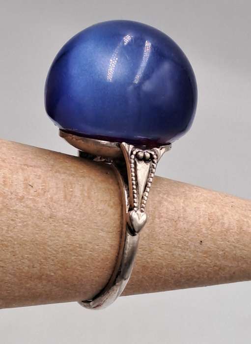 Pre-owned 925 Sterling Silver Vintage Fiber Optic Blue Cat's Eye Gem Round Domed Ring