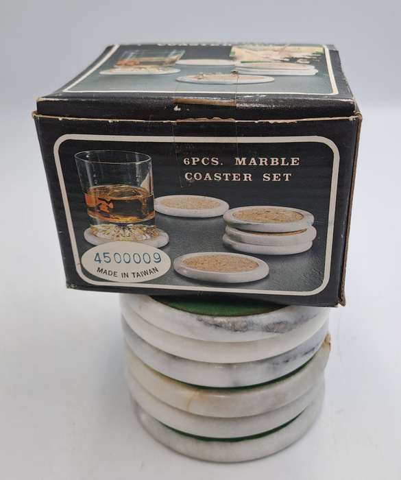 6 Vintage Marble Coasters -Boxed - One is cracked