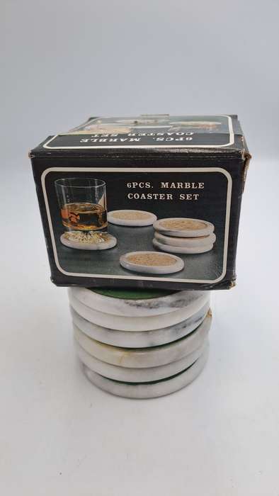 6 Vintage Marble Coasters -Boxed - One is cracked