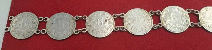1894 to 1896 6 X Z.A.R  Paul Kruger .925 Silver 6 Pence Coins made into a bracelet