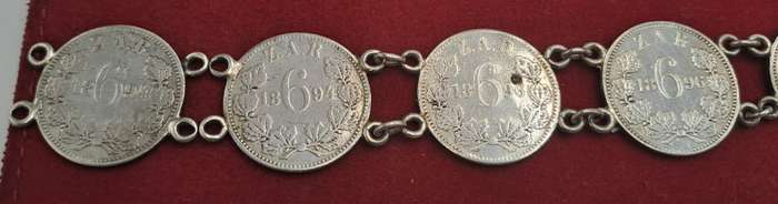 1894 to 1896 6 X Z.A.R  Paul Kruger .925 Silver 6 Pence Coins made into a bracelet