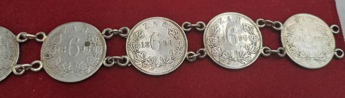 1894 to 1896 6 X Z.A.R  Paul Kruger .925 Silver 6 Pence Coins made into a bracelet