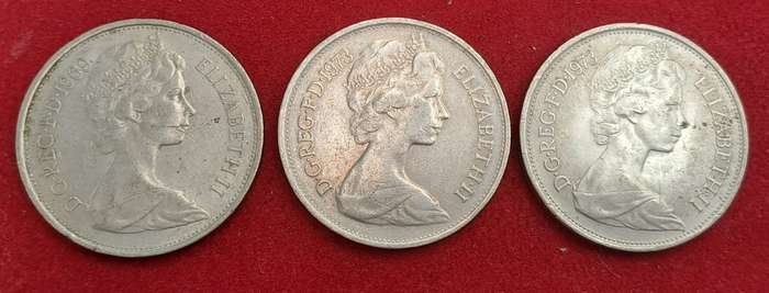United Kingdom 3 x 10 New Pence - 1969 and 2 x1973 - Elizabeth II 2nd portrait