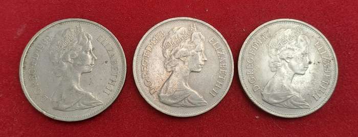 United Kingdom 3 x 10 New Pence - 1969 and 2 x1973 - Elizabeth II 2nd portrait