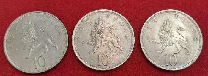 United Kingdom 3 x 10 New Pence - 1969 and 2 x1973 - Elizabeth II 2nd portrait