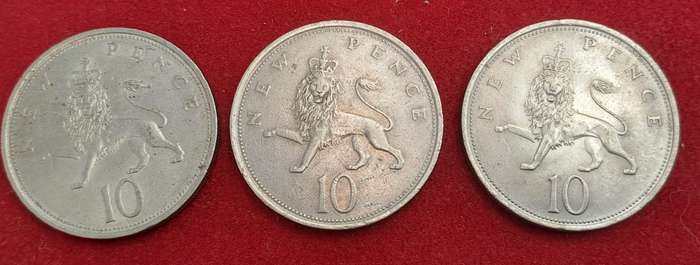 United Kingdom 3 x 10 New Pence - 1969 and 2 x1973 - Elizabeth II 2nd portrait