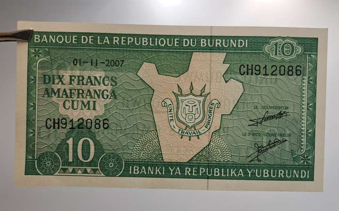2007  Burundi 10 Francs Uncirculated Bank Note