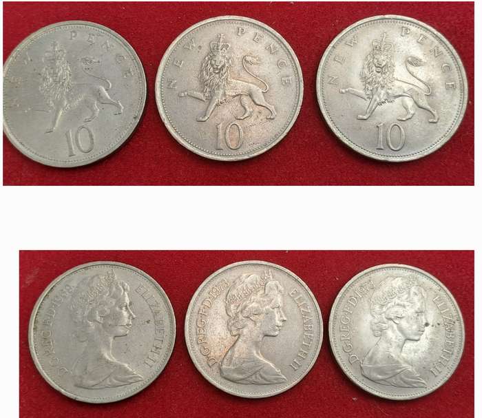 United Kingdom 3 x 10 New Pence - 1969 and 2 x1973 - Elizabeth II 2nd portrait