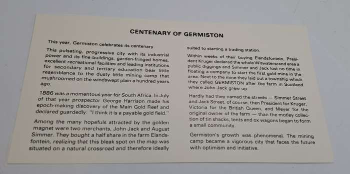 1886-1986 Germiston 100 Year a Century of Progress First Day Cover (3 available)