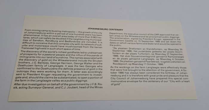 1986 RSA Johannesburg Centenary Commemorate Cover (2 Available)