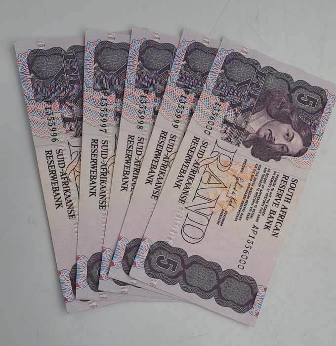 Lot of 5 1989 Gerhard De Kock R5 Notes 3rd Issue In Sequence Uncirculated