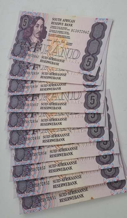 Lot of 10 1989 Gerhard De Kock R5 Notes 3rd Issue In Sequence