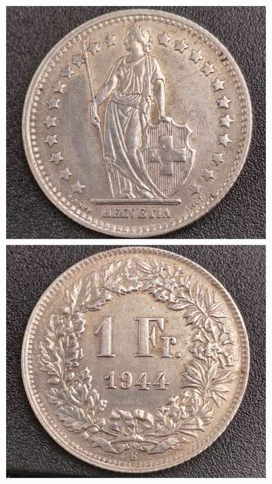 1944 Switzerland SILVER 1 Franc Helvetia standing