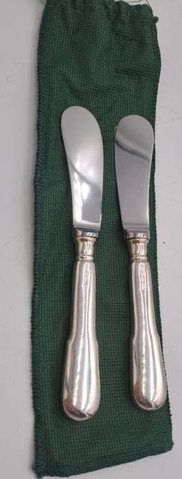 2 INOX Designer Butter knifes with .800 SILVER Handles in Bag