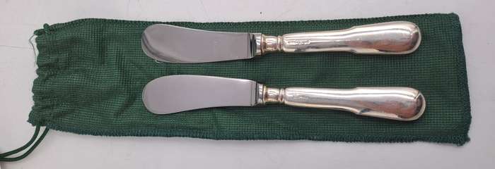 2 INOX Designer Butter knifes with .800 SILVER Handles in Bag