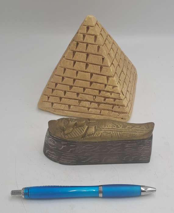 Vintage Soap Stone and Brass Mummy Sarcophagus and Soap Stone Pyramid figurines