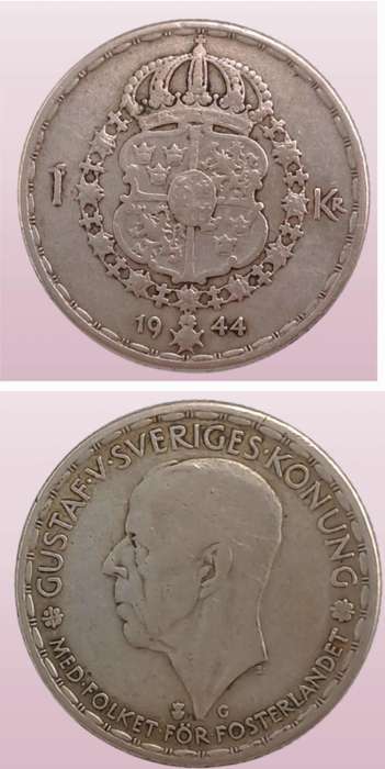 1944 Sweden 1 Krona - Gustaf V  (40% Silver )