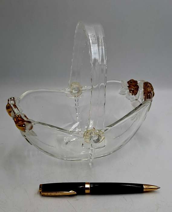 Clear Glass Basket with Collapsible Plastic Handle, Gold Roses and Frosted Leaves, Crystal Look