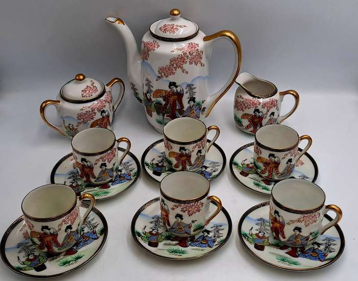17pc Vintage SOKO China Lithopane moriage geisha  -Fine Porcelain Teaset Hand Painted - Japan