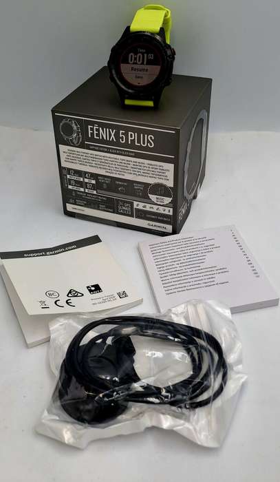 Pre-Owned Garmin Fenix 5 Plus Sapphire Edition Black with green band -Boxed