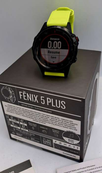 Pre-Owned Garmin Fenix 5 Plus Sapphire Edition Black with green band -Boxed