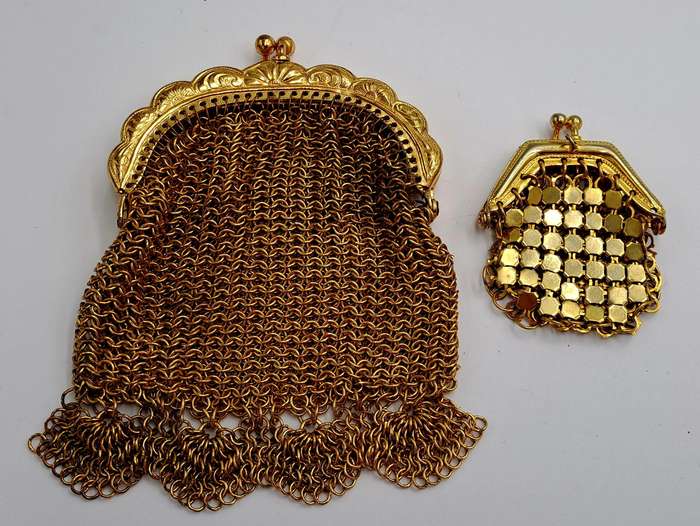 2 Vintage Chainmail Small Coin Purses Gold Tone, Victorian era, Filigree, Ornate