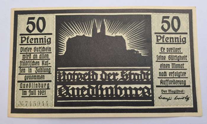 1921 German notgeld 50 Pfennigs City of Quedlinburg (Prussian province of Saxony