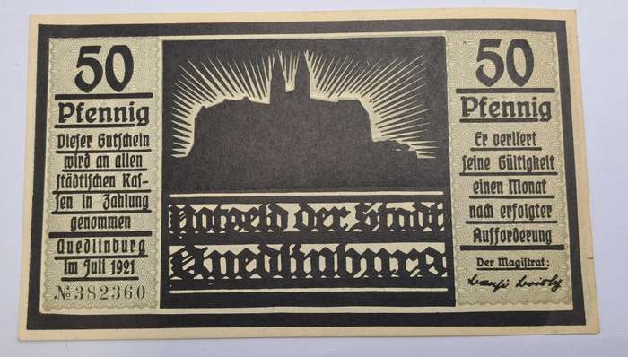 1921 German notgeld 50 Pfennigs City of Quedlinburg (Prussian province of Saxony