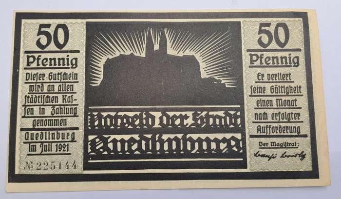 1921 German notgeld 50 Pfennigs City of Quedlinburg (Prussian province of Saxony