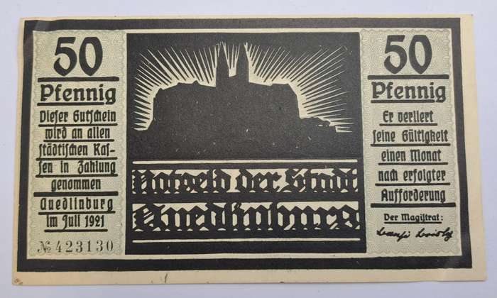 1921 German notgeld 50 Pfennigs City of Quedlinburg (Prussian province of Saxony