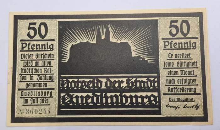 1921 German notgeld 50 Pfennigs City of Quedlinburg (Prussian province of Saxony