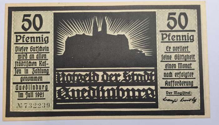 1921 German notgeld 50 Pfennigs City of Quedlinburg (Prussian province of Saxony