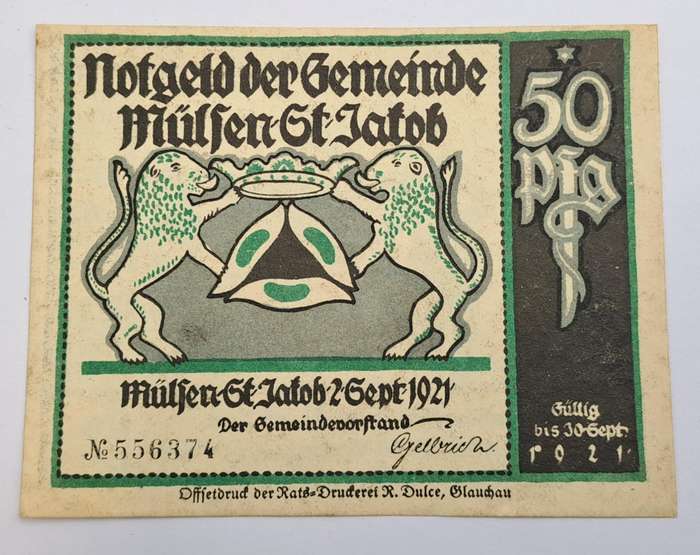 1921 German notgeld 50 Pfennigs Municipality of Mülsen-Sankt Jakob