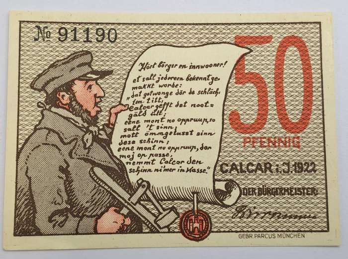 1922 German notgeld 50 Pfennigs City of Kalkar