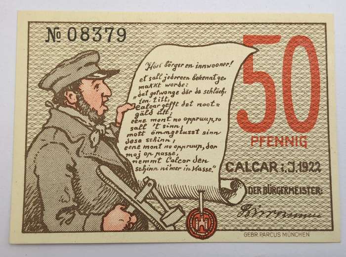 1922 German notgeld 50 Pfennigs City of Kalkar