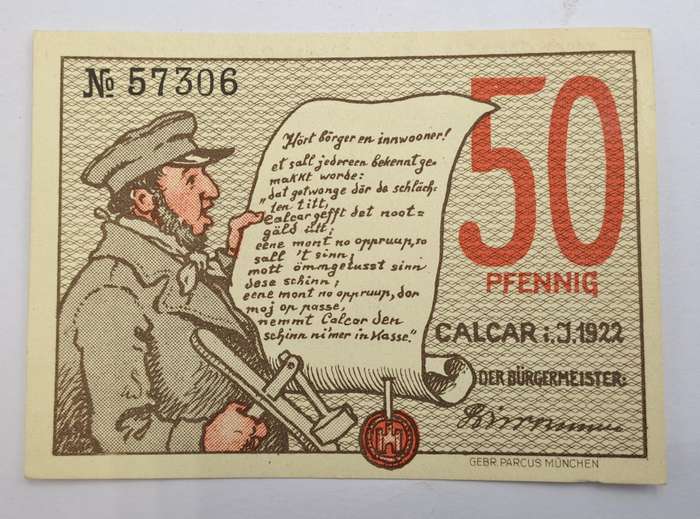 1922 German notgeld 50 Pfennigs City of Kalkar