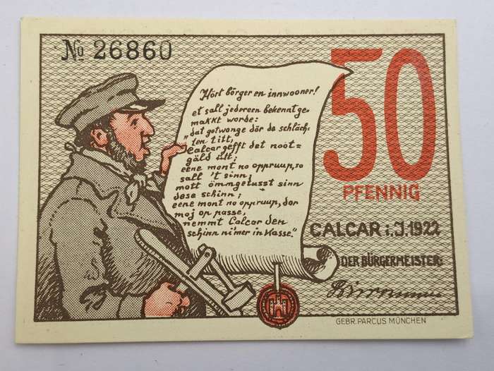 1922 German notgeld 50 Pfennigs City of Kalkar