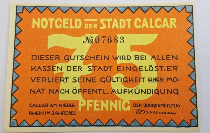 1922 German notgeld 75 Pfennigs City of Kalkar